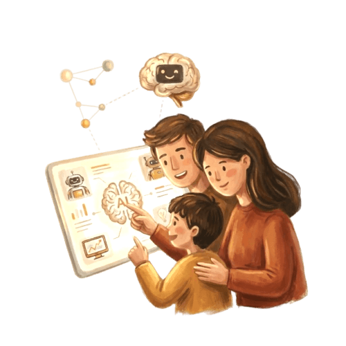 Rodina — rodiče a dítě — prozkoumávají AI technologie společně